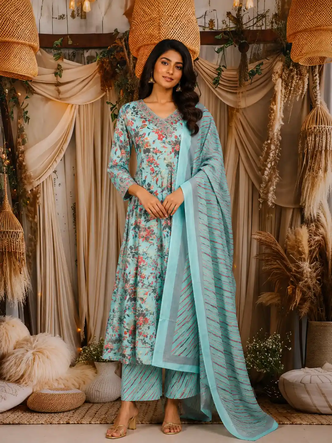 Sky Blue Floral Printed Design Cotton Anarkali Salwar Suit